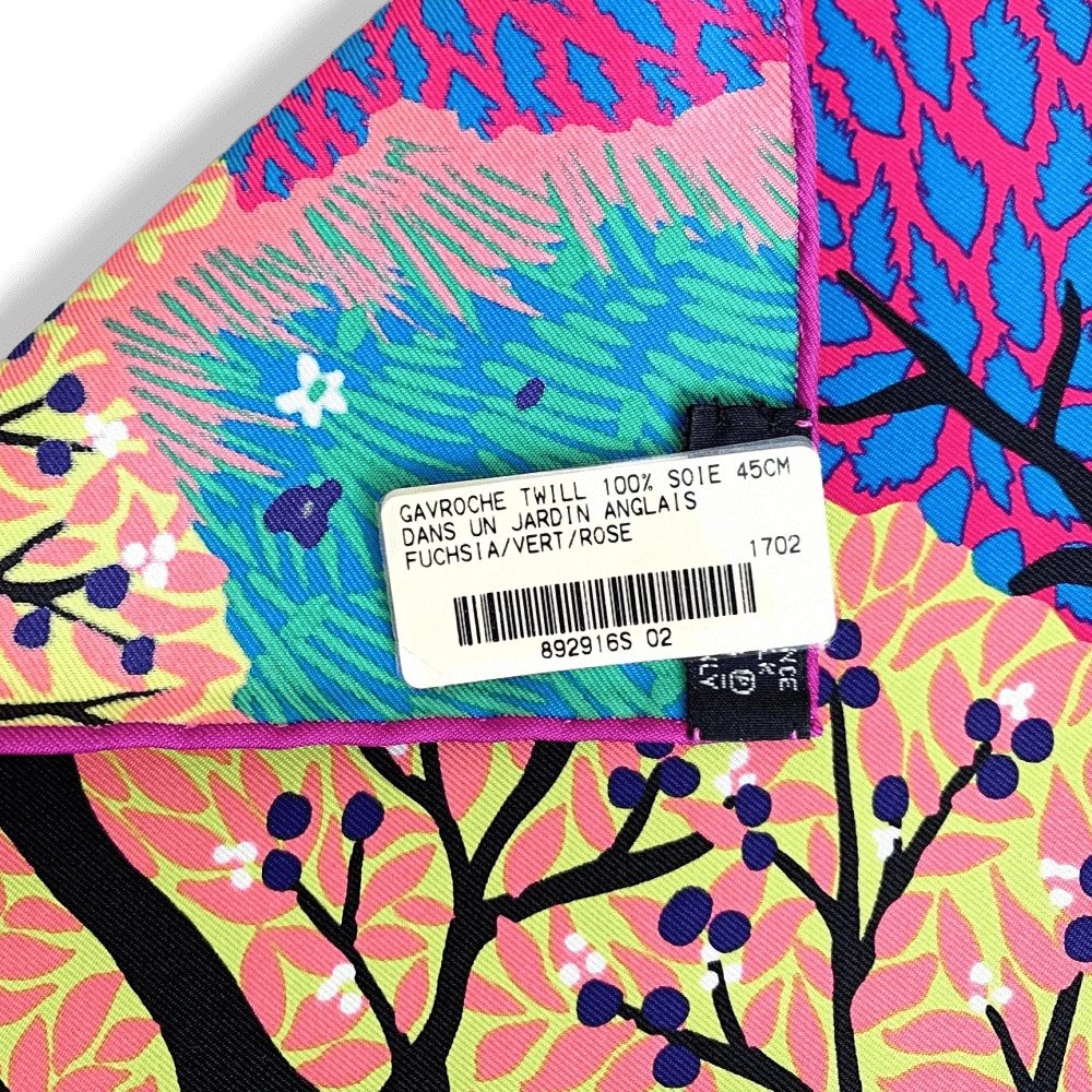 Hermes 2017 Fuchsia Green Pink DANS UN JARDIN ANGLAIS by Alice Shirley Gavroche Carre Scarf 45 CM, BNWT! - poupishop