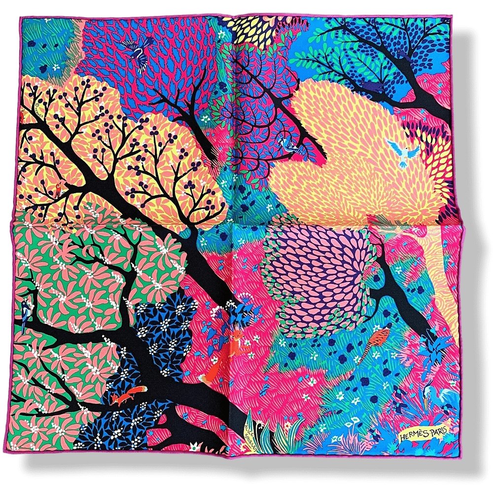 Hermes 2017 Fuchsia Green Pink DANS UN JARDIN ANGLAIS by Alice Shirley Gavroche Carre Scarf 45 CM, BNWT! - poupishop