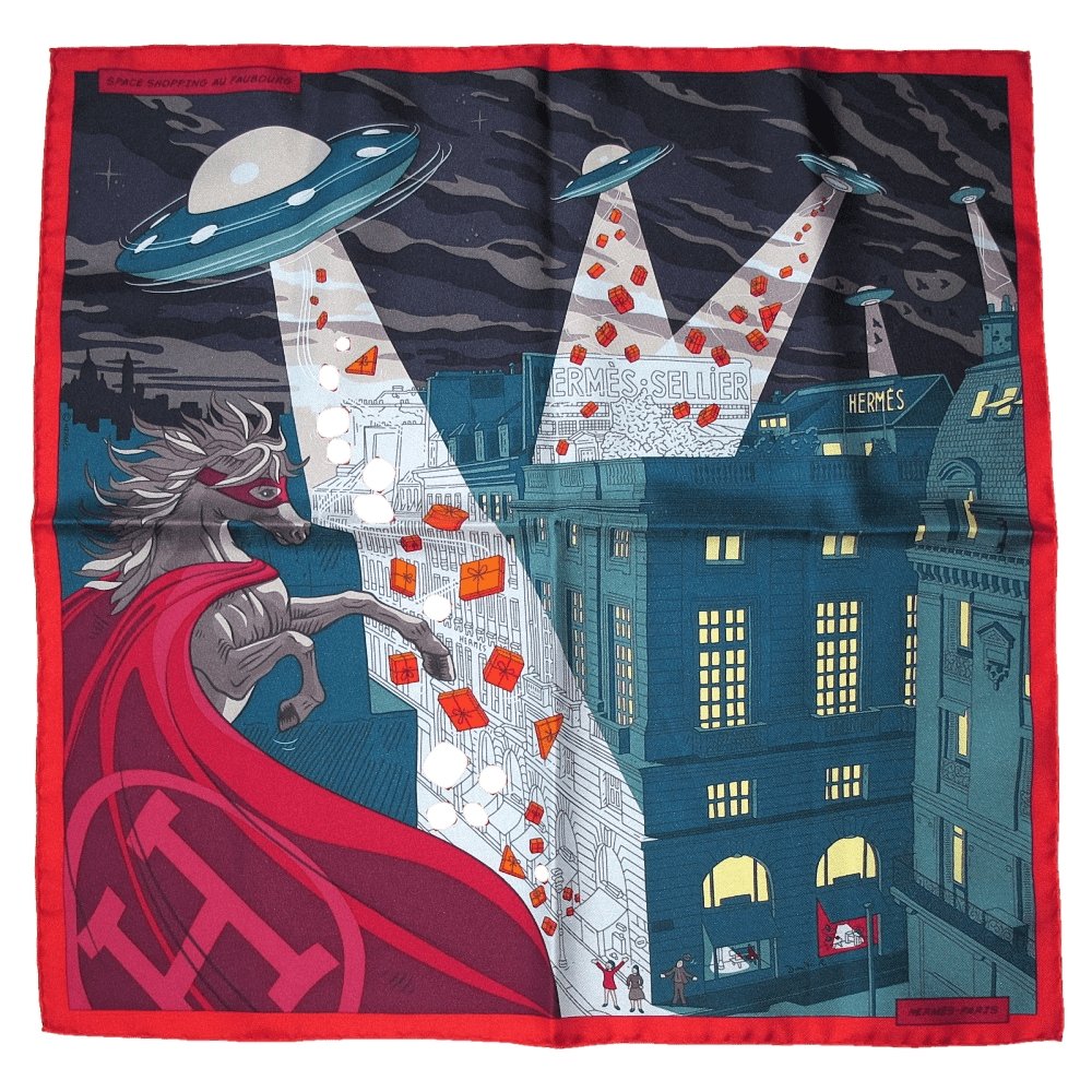Hermes 2017 Green Red Space Shopping au Faubourg Twill Gavroche 42cm, New! - poupishop