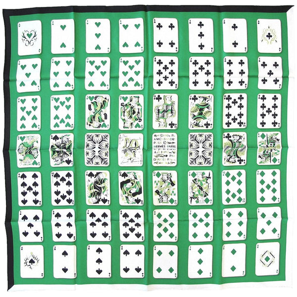 Hermes 2017 Green White Jeu de Cartes by AM Cassandre Twill Silk Scarf 90cm, New! - poupishop