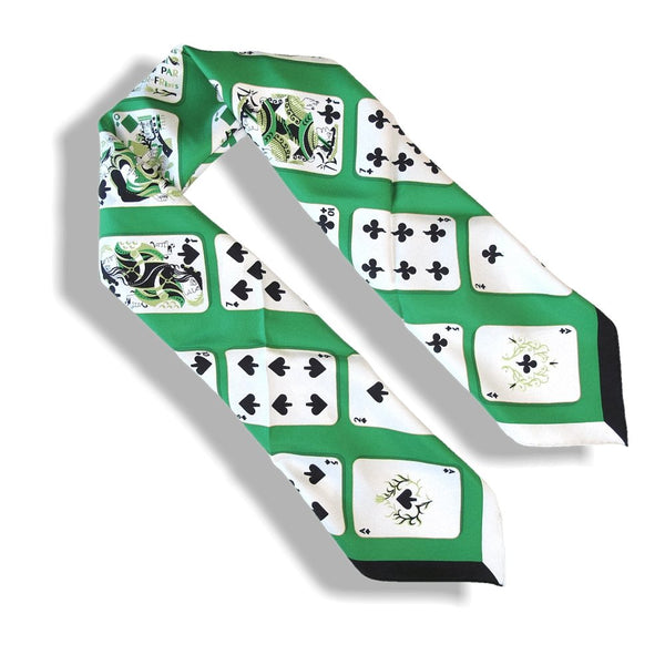 Hermes 2017 Green White Jeu de Cartes by AM Cassandre Twill Silk Scarf 90cm, New! - poupishop