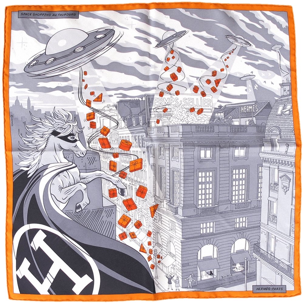 Hermes 2017 Grey Orange Space Shopping au Faubourg Twill Gavroche 45 cm, Box! - poupishop