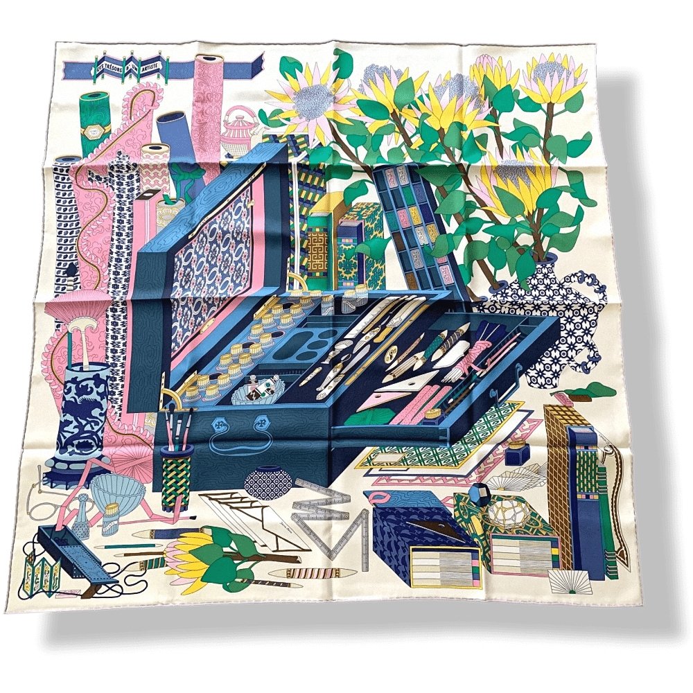 Hermes 2017 Ivory Blue Pink TRESORS D'UN ARTISTE by Pierre Marie Twill Silk Carre 90cm cm, BNWTIB! - poupishop