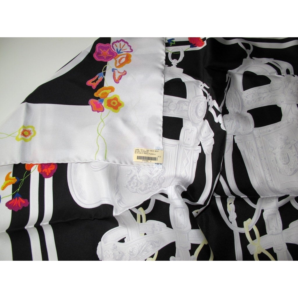 Hermes 2017 Noir/Gris Perle/Fuchsia Brides Fleuries Twill 90cm, NIB! - poupishop