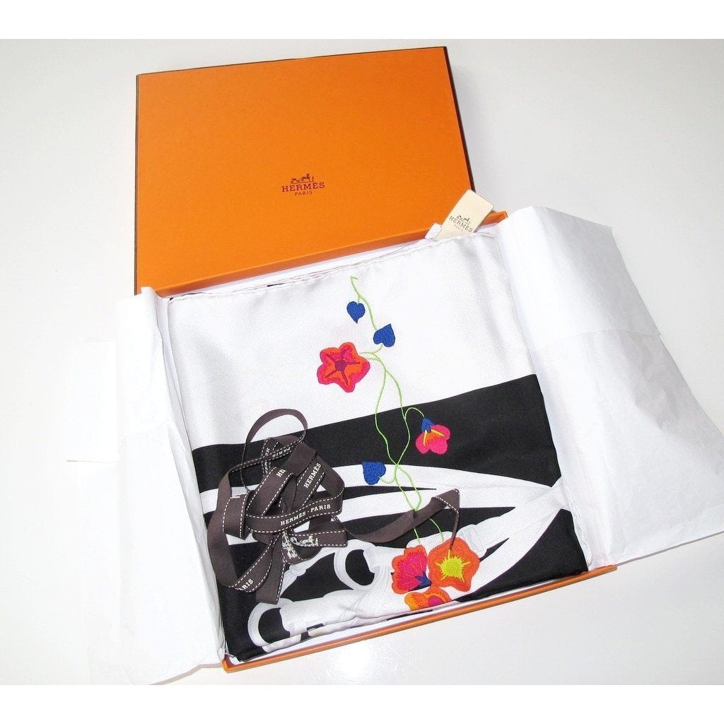 Hermes 2017 Noir/Gris Perle/Fuchsia Brides Fleuries Twill 90cm, NIB! - poupishop