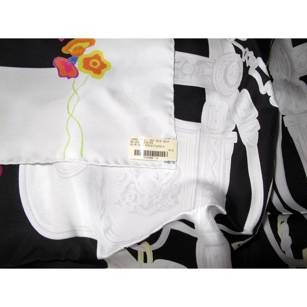 Hermes 2017 Noir/Gris Perle/Fuchsia Brides Fleuries Twill 90cm, NIB! - poupishop