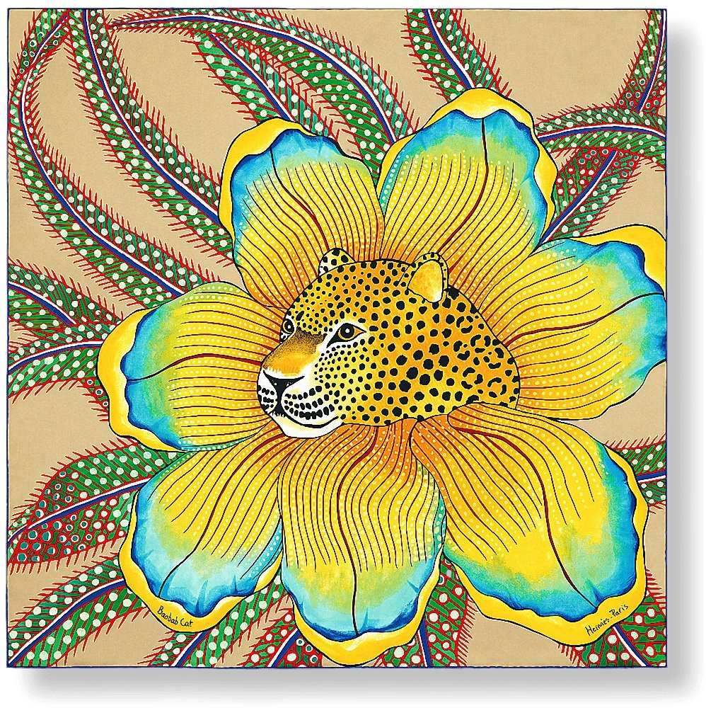 Hermes 2018 Beige Yellow BAOBAB Cat by Ardmore Artists Twill 90cm, NWTIB! - poupishop