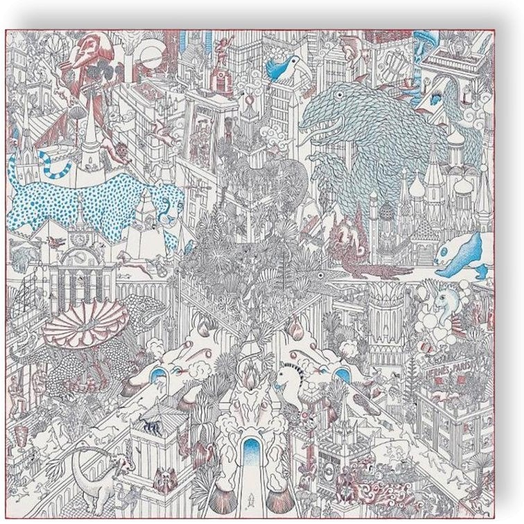 Hermes 2018 Blanc/Bleu Azur/Rouge ANIMAPOLIS by Jan Bajtlik Twill scarf, NIB! - poupishop