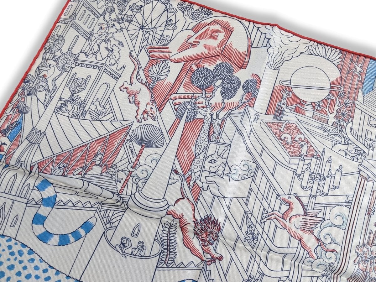 Hermes 2018 Blanc/Bleu Azur/Rouge ANIMAPOLIS by Jan Bajtlik Twill scarf, NIB! - poupishop