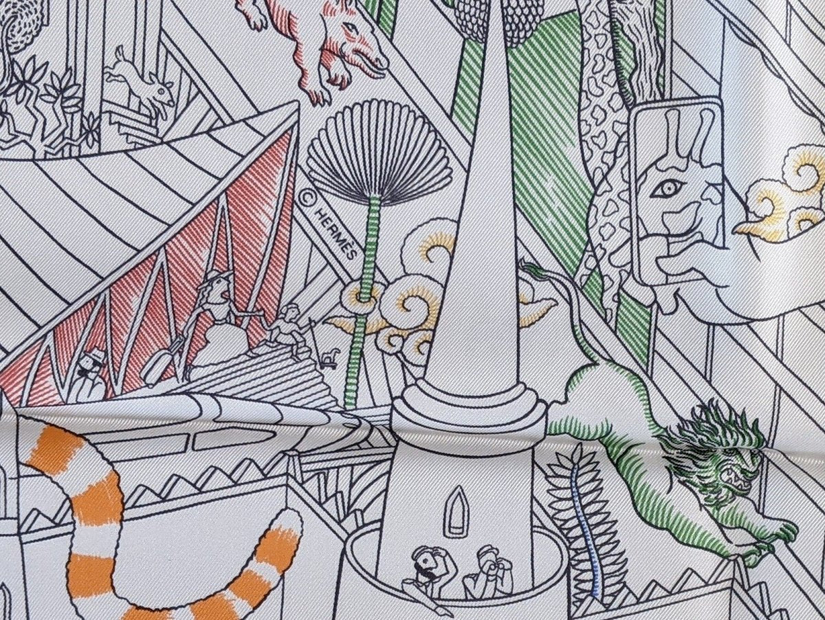 Hermes 2018 Blanc/Jaune/Vert ANIMAPOLIS by Jan Bajtlik Twill scarf