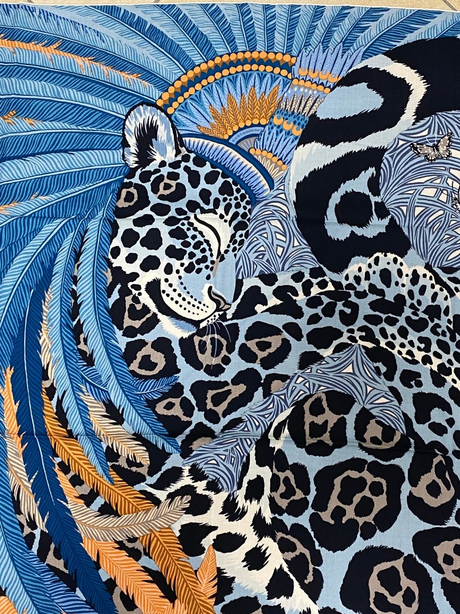 Hermes 2018 Bleu Jean/Abricot/Gris Jaguar Quetzal by Alice Shirley Cashmere Shawl 140, Box! - poupishop