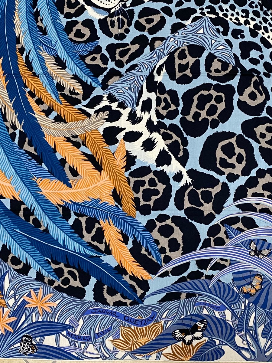 Hermes 2018 Bleu Jean/Abricot/Gris Jaguar Quetzal by Alice Shirley Cashmere Shawl 140, Box! - poupishop