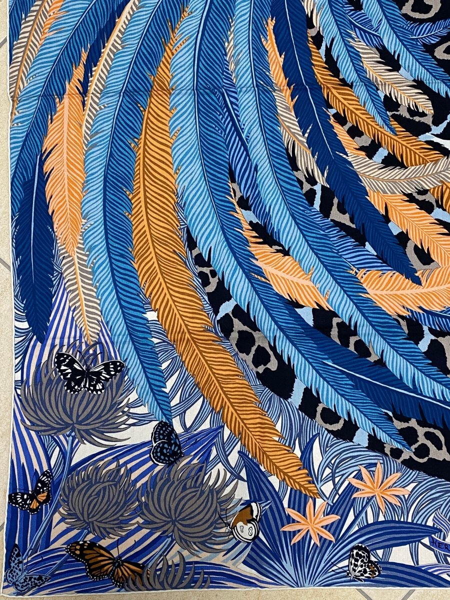 Hermes 2018 Bleu Jean/Abricot/Gris Jaguar Quetzal by Alice Shirley Cashmere Shawl 140, Box! - poupishop