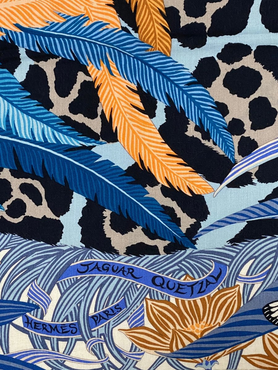 Hermes 2018 Bleu Jean/Abricot/Gris Jaguar Quetzal by Alice Shirley Cashmere Shawl 140, Box! - poupishop