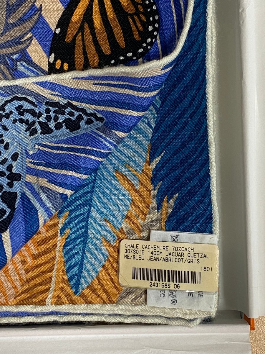 Hermes 2018 Bleu Jean/Abricot/Gris Jaguar Quetzal by Alice Shirley Cashmere Shawl 140, Box! - poupishop