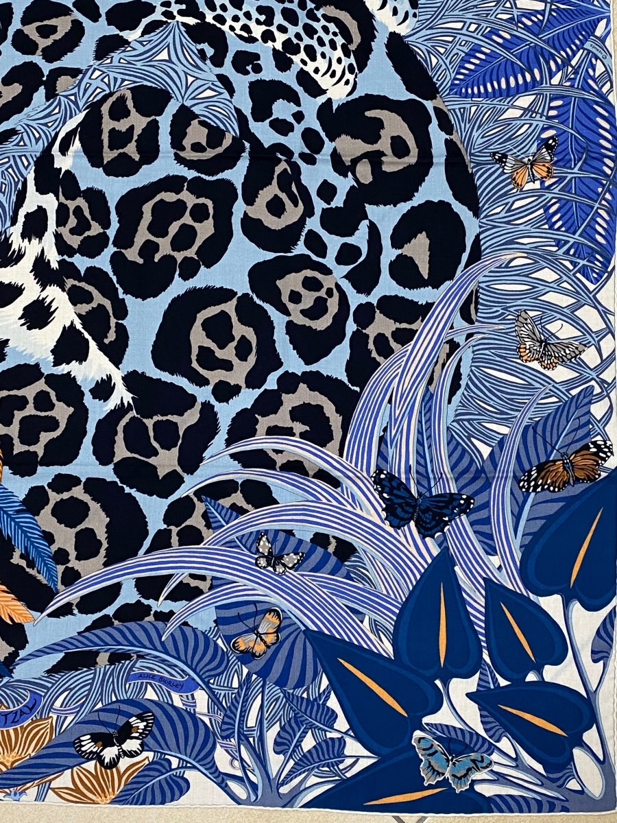 Hermes 2018 Bleu Jean/Abricot/Gris Jaguar Quetzal by Alice Shirley Cashmere Shawl 140, Box! - poupishop