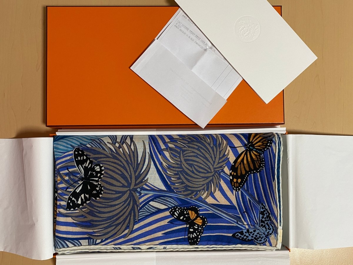 Hermes 2018 Bleu Jean/Abricot/Gris Jaguar Quetzal by Alice Shirley Cashmere Shawl 140, Box! - poupishop