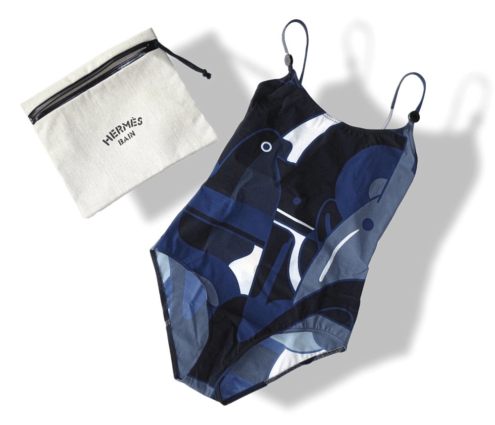 Hermes 2018 Blue Black MAJORCA Jeux d'Animaux Swimsuit 1pc Sz38, BNWT! - poupishop