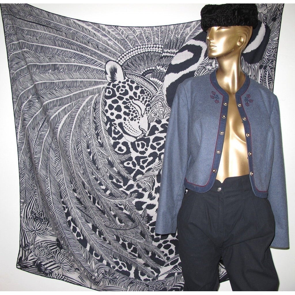 Hermes 2018 cw16 Gris/Bleu Noir/Gris Jaguar Quetzal Cashmere Shawl 140, New! - poupishop