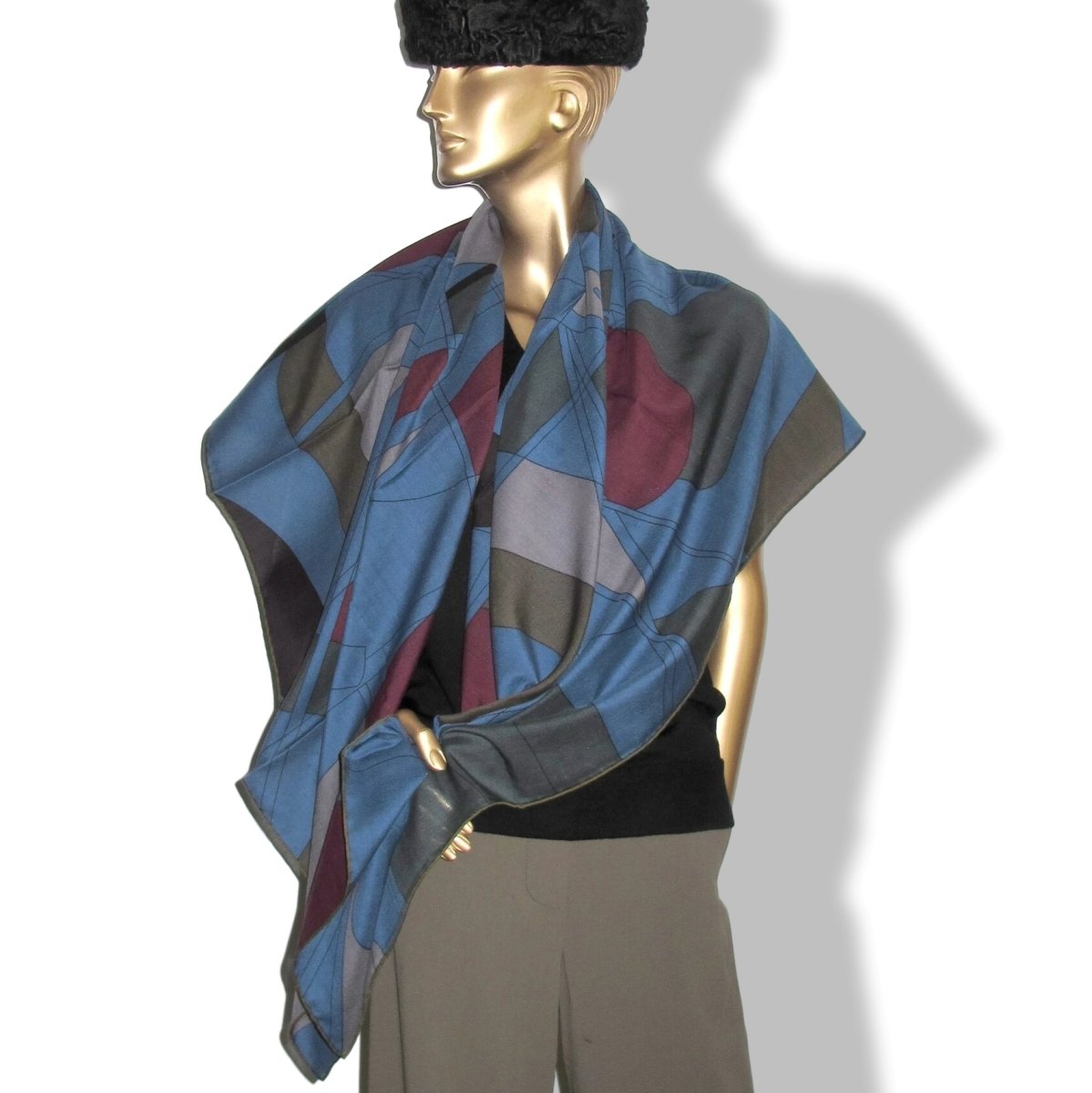 Hermes 2018 Pilot Blue/Wine/Kaki H FORCE CENTRIFUGE by Nigel Peake 70% Wool/30% Silk Shawl 140, BNWT! - poupishop