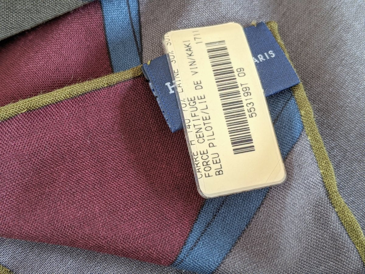 Hermes 2018 Pilot Blue/Wine/Kaki H FORCE CENTRIFUGE by Nigel Peake 70% Wool/30% Silk Shawl 140, BNWT! - poupishop