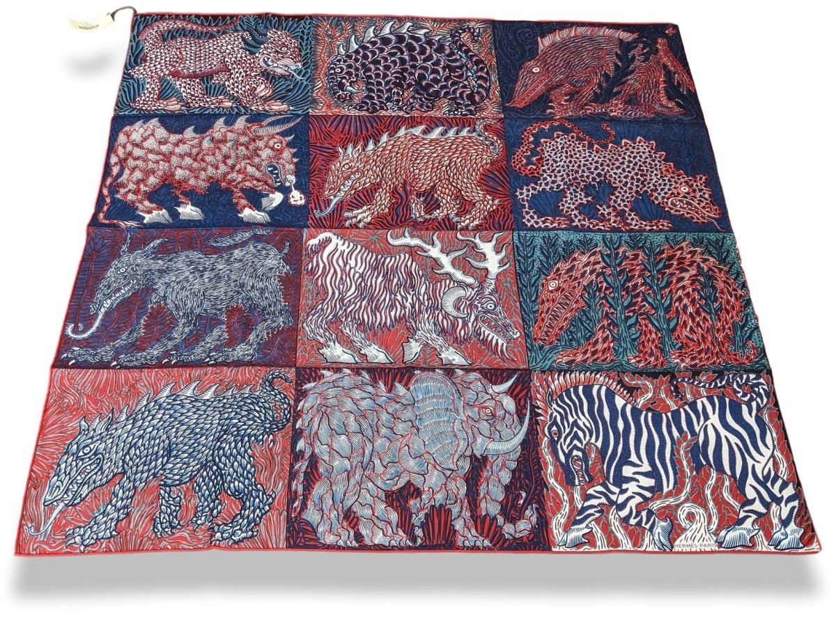 Hermes 2018 Piment/Marine/Blanc SWEET DREAMS Monsters by Jan Bajtlik 70% Wool/30% Silk Carre H 100 cm, BNWT! - poupishop