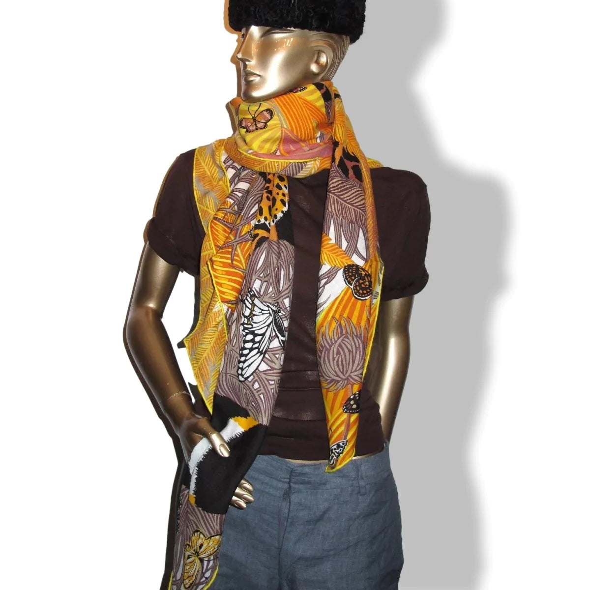 Hermes 2018 Yellow/Black/Gold Jaguar Quetzal Cashmere Shawl 140, Mint!