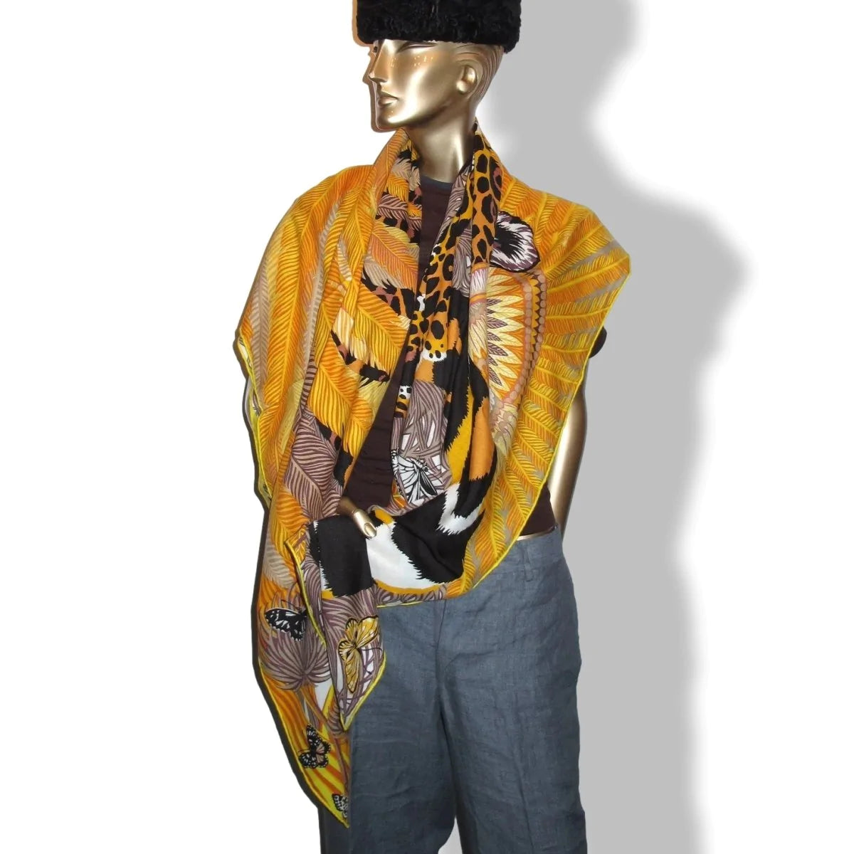 Hermes 2018 Yellow/Black/Gold Jaguar Quetzal Cashmere Shawl 140, Mint!