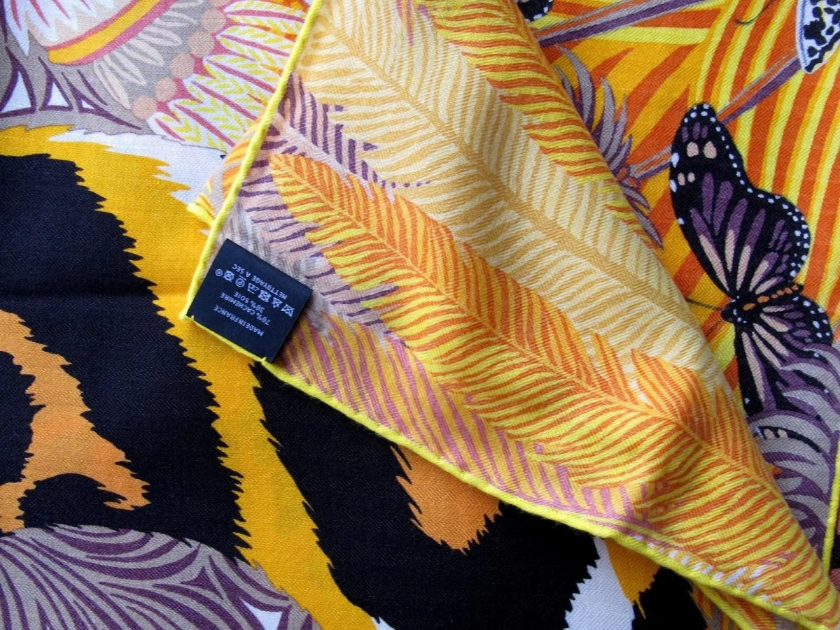 Hermes 2018 Yellow/Black/Gold Jaguar Quetzal Cashmere Shawl 140, Mint!