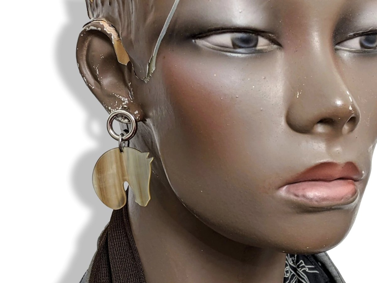 Hermes 2019 Natural Horn TATERSALE GM Horse Head Pierced Earrrings, BNWIB!
