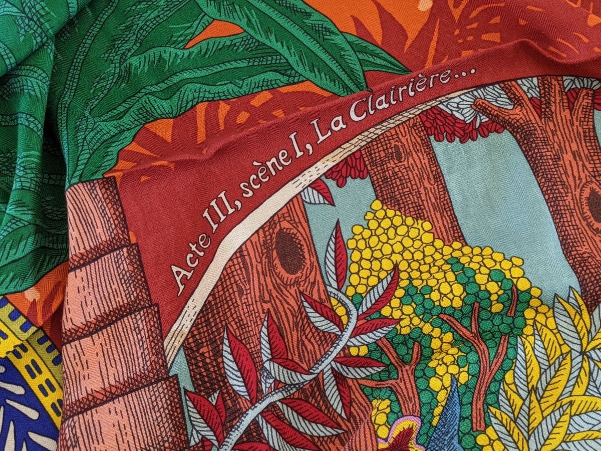 Hermes 2019 Orange/Vert/Multi ACTE III, SCENE I, LA CLAIRIERE by Edouard Baribeaud Cashmere Shawl 140, New!