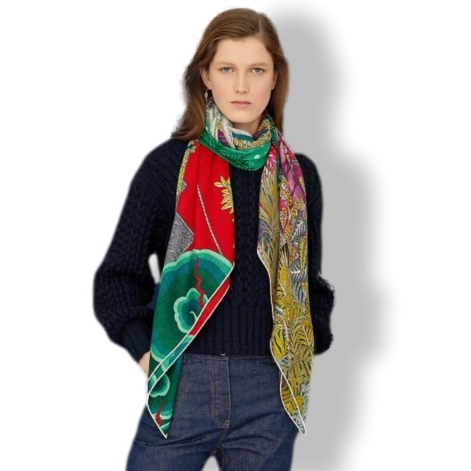 Hermes 2019 Rouge/Vert/Multi ACTE III, SCENE I, LA CLAIRIERE by Edouard Baribeaud Cashmere Shawl 140, BNWT!