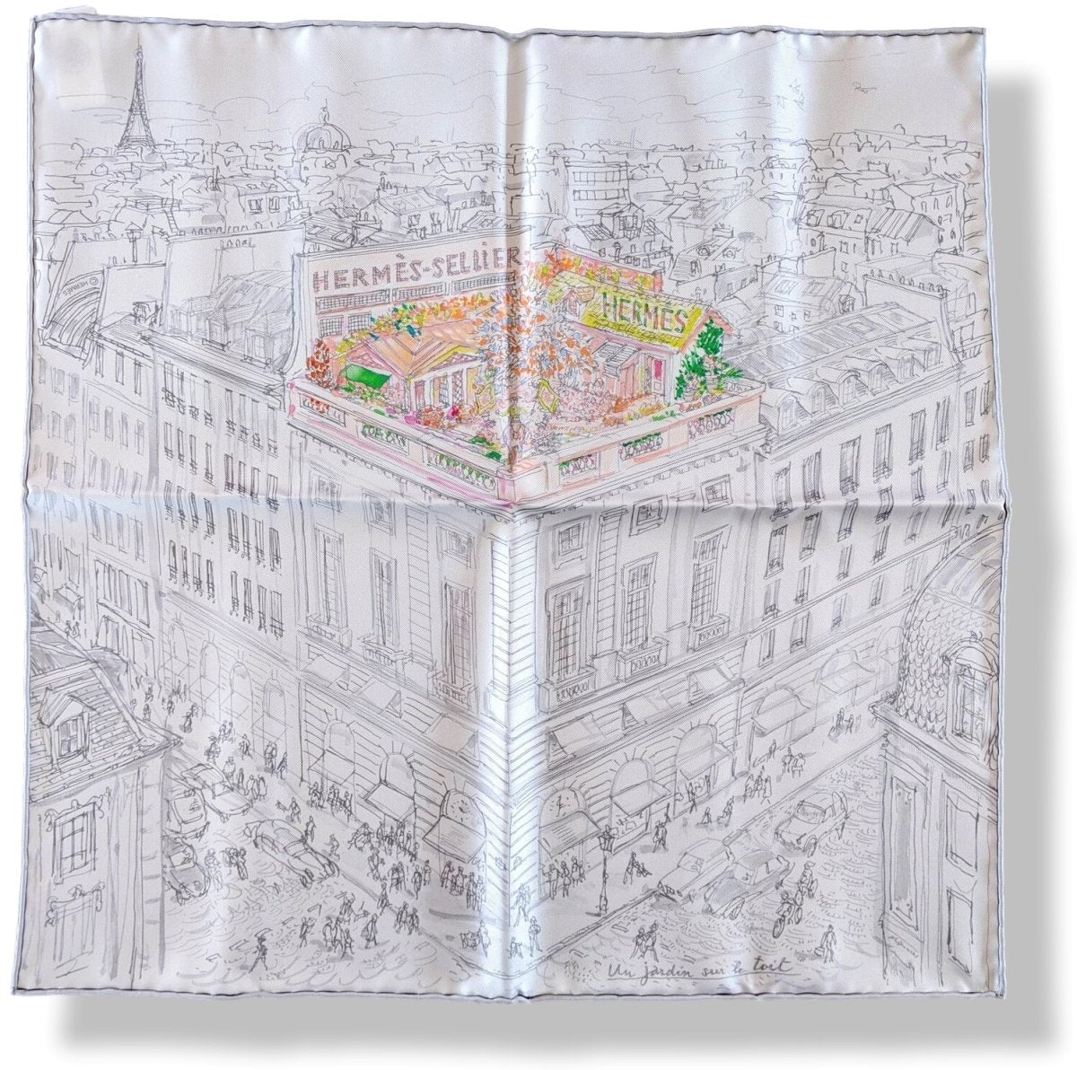 Hermes 2019 White/Grey/Mutli UN JARDIN SUR LE TOIT Gavroche Twill Carre 45 CM, BNEW!