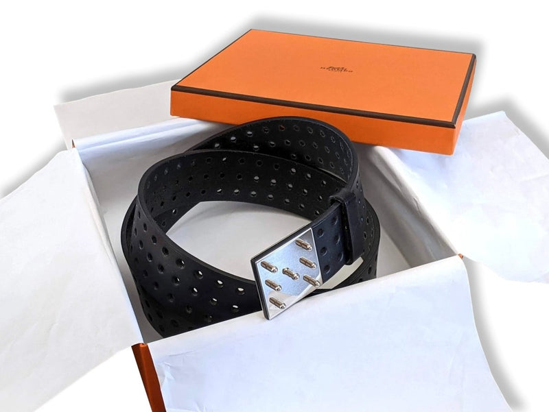 Hermes [202] 2012 Black Perforated Cow Leather Figure H Complete Belt GM Sz95, Superb in Box! - poupishop