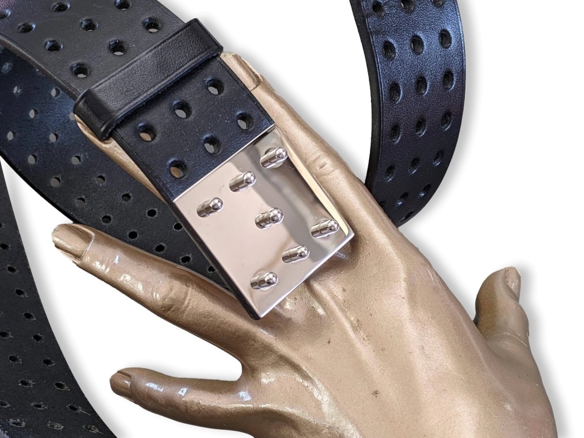 Hermes [202] 2012 Black Perforated Cow Leather Figure H Complete Belt GM Sz95, Superb in Box! - poupishop