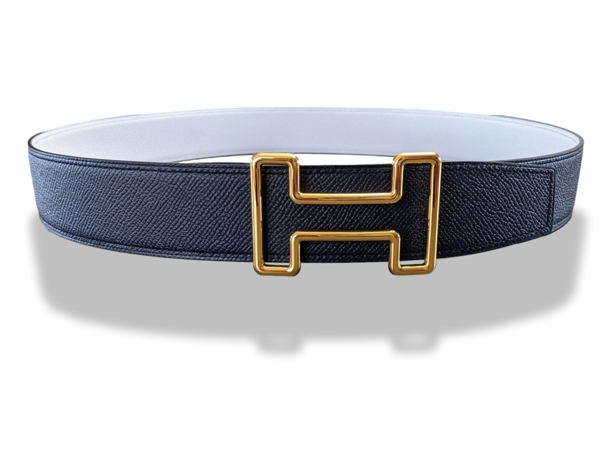 Hermes [202] Bleu Indigo/Blanc Veau Epsom & Epsom Reversible Leather Belt Strap 38 MM, BNWTIB! - poupishop