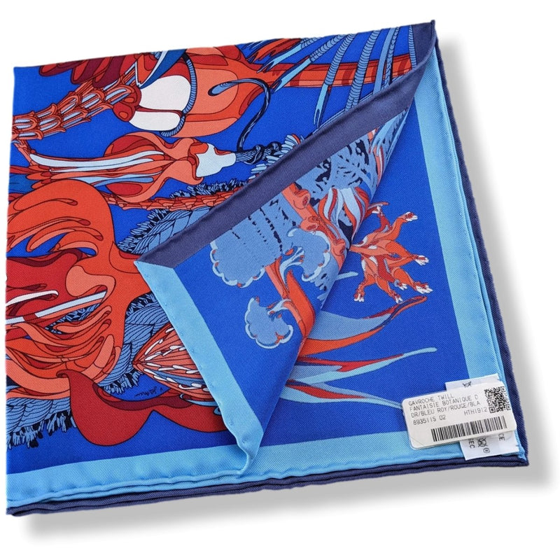 Hermes 2020 Bleu Royal/Rouge/Blanc "Fantaisues Botaniques Detail" by Virginie Jamin Twill Gavroche 45 cm, BNWT!