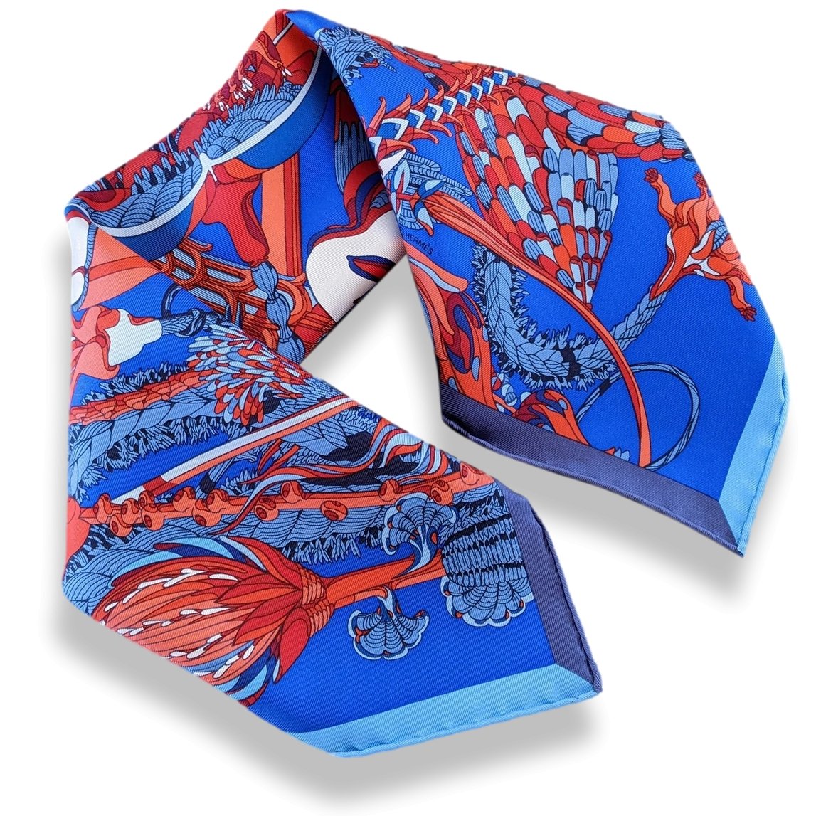 Hermes 2020 Bleu Royal/Rouge/Blanc "Fantaisues Botaniques Detail" by Virginie Jamin Twill Gavroche 45 cm, BNWT!