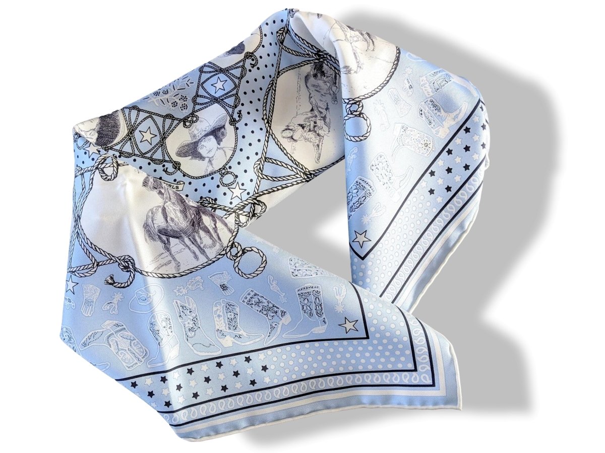 Hermes 2020 Ciel/Noir/Blanc RODEO DES COWGIRLS by Kermit Oliver Silk Bandana 55, NWTIB!