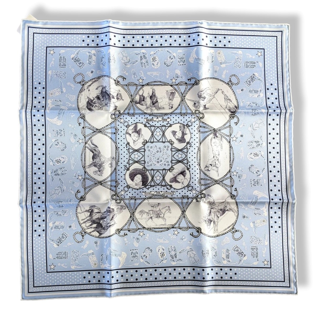 Hermes 2020 Ciel/Noir/Blanc RODEO DES COWGIRLS by Kermit Oliver Silk Bandana 55, NWTIB!