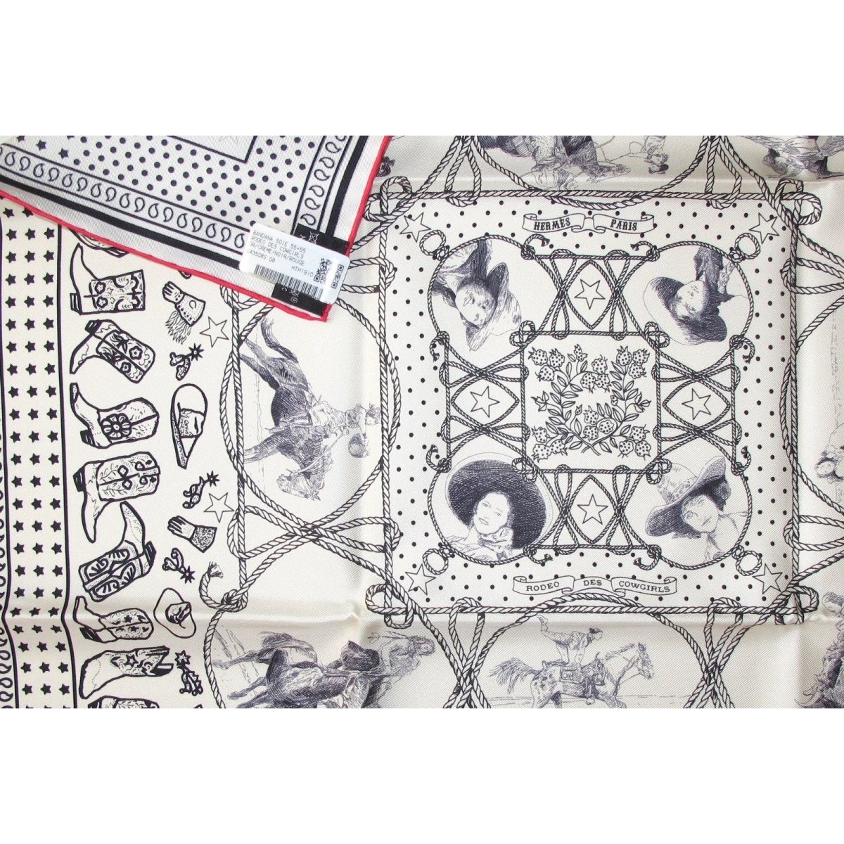 Hermes 2020 Cream Black Red Rodeo des Cowgirls by Kermit Oliver Silk Bandana 55