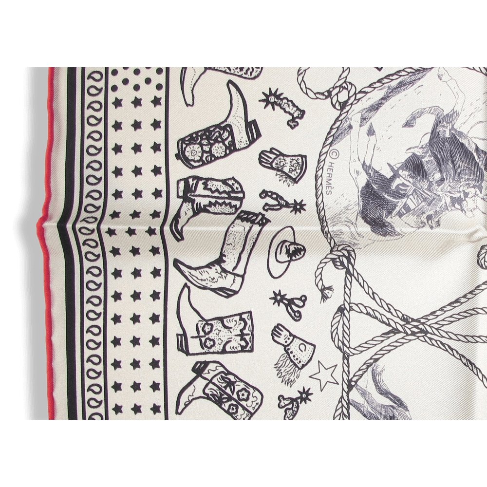 Hermes 2020 Cream Black Red Rodeo des Cowgirls by Kermit Oliver Silk Bandana 55