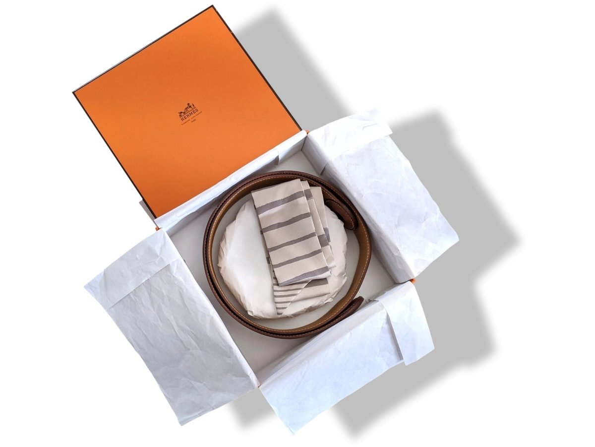 Hermes [204] 2005 Women's Fauve BARENIA Calfskin KIMONO Belt 40 mm with MEDITERRANEE Twilly, Box! - poupishop