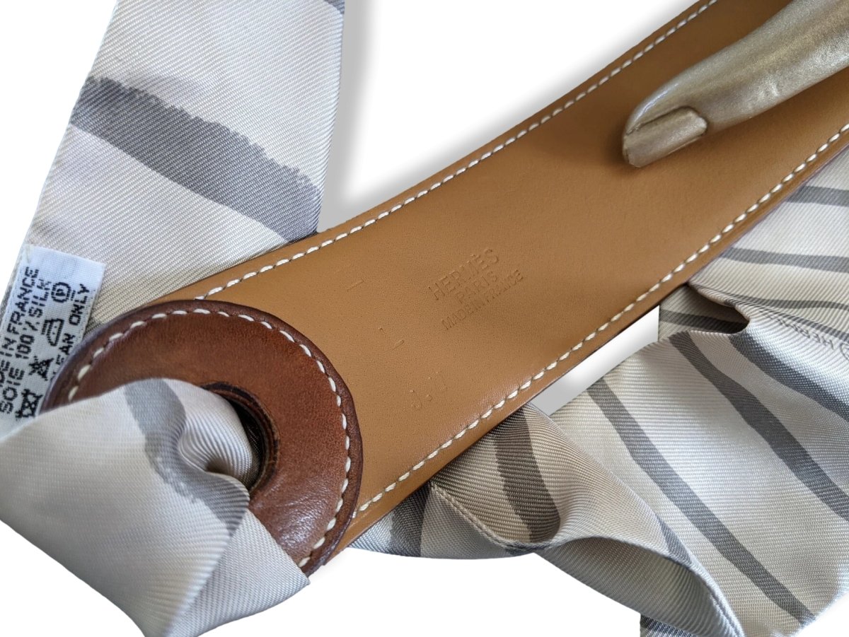 Hermes [204] 2005 Women's Fauve BARENIA Calfskin KIMONO Belt 40 mm with MEDITERRANEE Twilly, Box! - poupishop