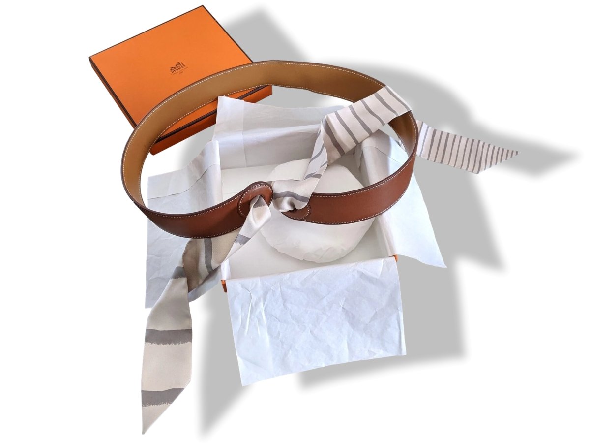 Hermes [204] 2005 Women's Fauve BARENIA Calfskin KIMONO Belt 40 mm with MEDITERRANEE Twilly, Box! - poupishop