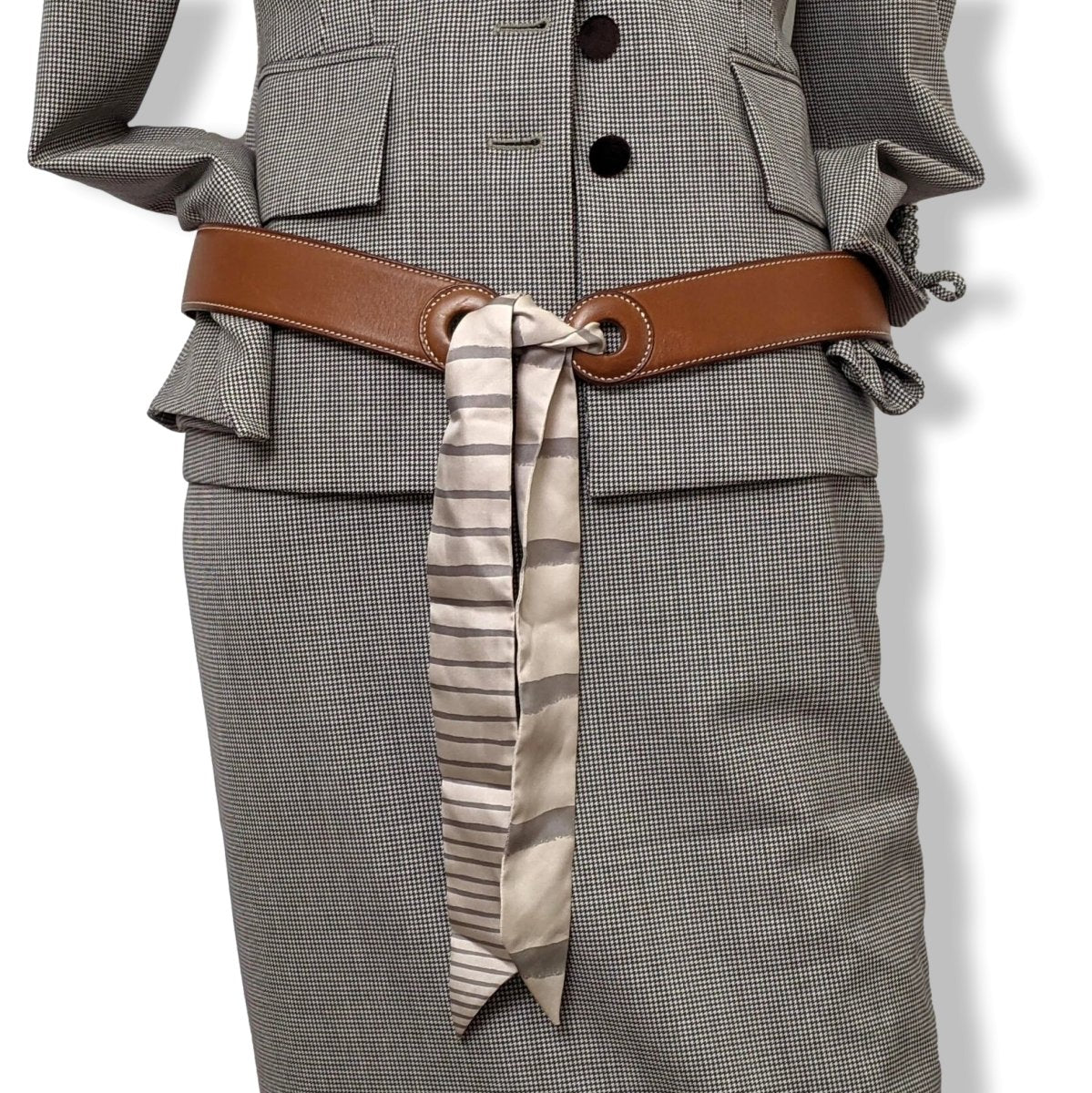 Hermes [204] 2005 Women's Fauve BARENIA Calfskin KIMONO Belt 40 mm with MEDITERRANEE Twilly, Box! - poupishop
