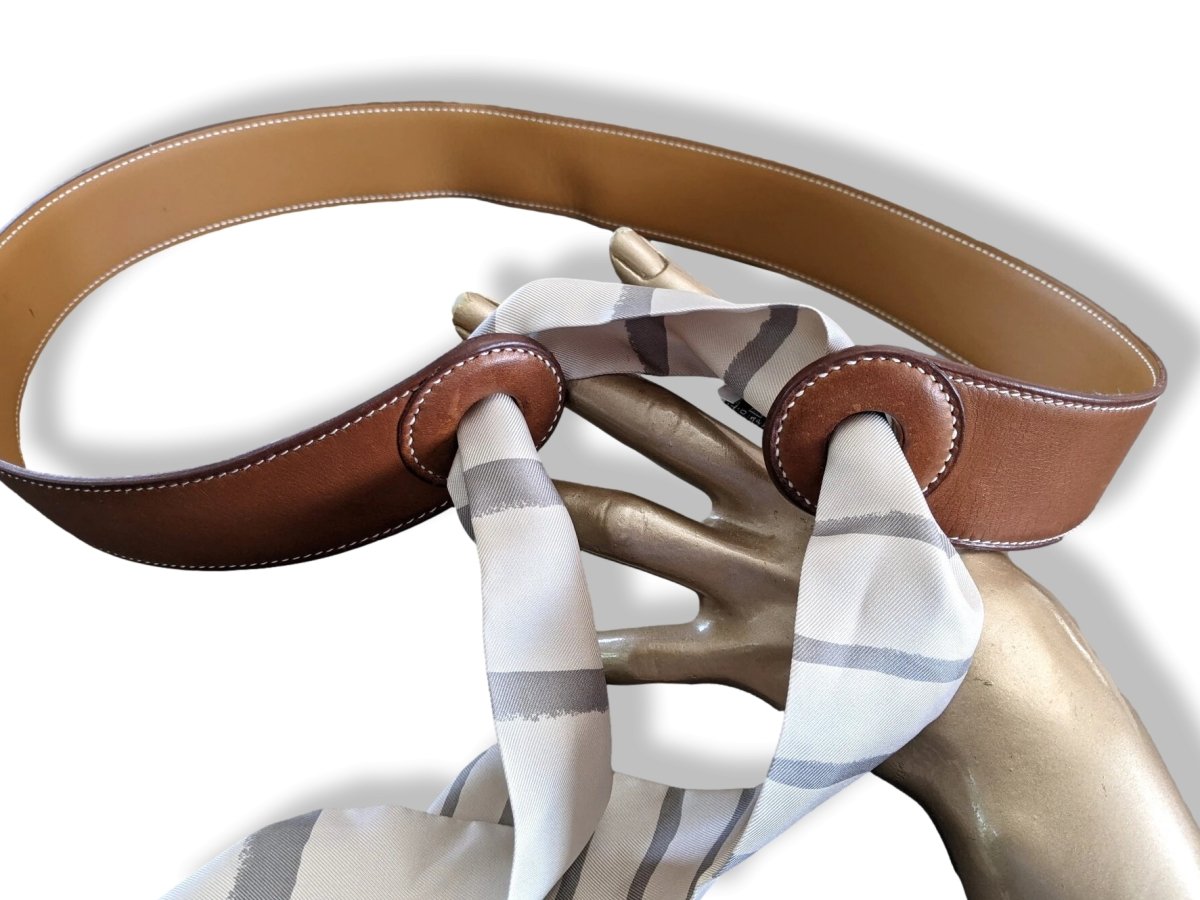 Hermes [204] 2005 Women's Fauve BARENIA Calfskin KIMONO Belt 40 mm with MEDITERRANEE Twilly, Box! - poupishop
