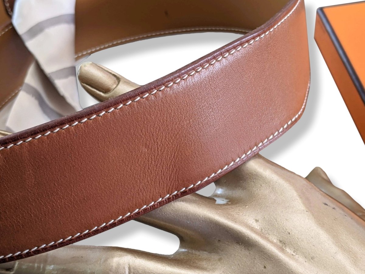 Hermes [204] 2005 Women's Fauve BARENIA Calfskin KIMONO Belt 40 mm with MEDITERRANEE Twilly, Box! - poupishop