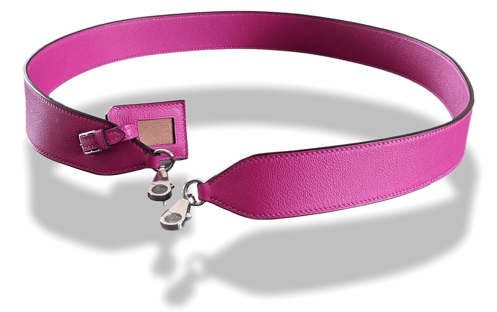 Hermes [25] Pourpre Pink Swift/Barenia Bag SHOULDER STRAP CLOCHETTE 105 2 Snap Hooks AG, BNIB! - poupishop
