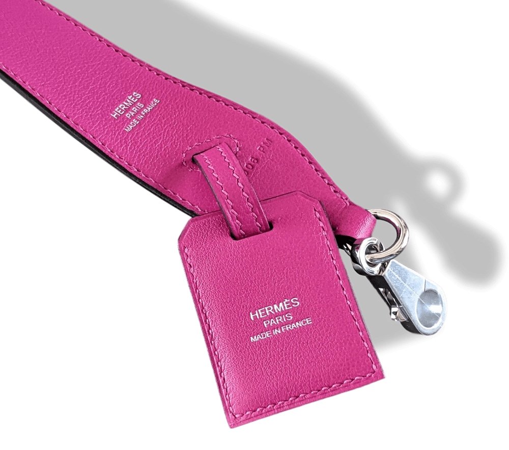 Hermes [25] Pourpre Pink Swift/Barenia Bag SHOULDER STRAP CLOCHETTE 105 2 Snap Hooks AG, BNIB! - poupishop